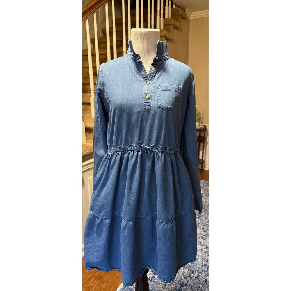 Lands End Kids Chambray Denim Tiered Button Front Shirt Dress XL 14 16